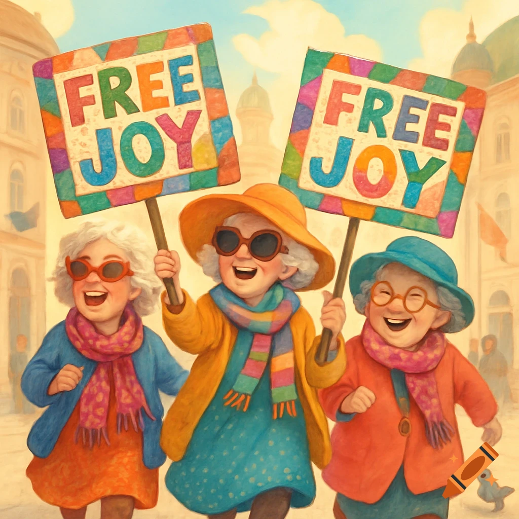 Three cheerful old ladies march, holding colorful "FREE JOY" protest signs, in a whimsical illustration style.