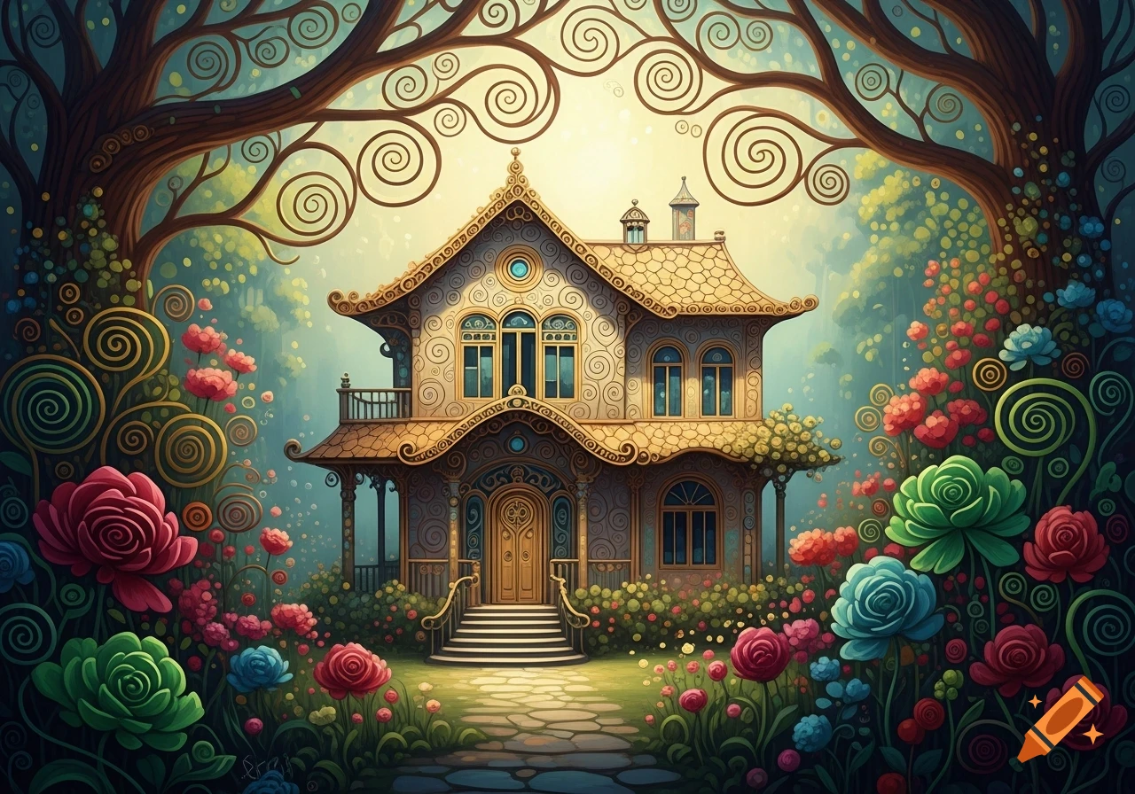 Ornate, whimsical house in a vibrant, fantastical garden with swirling trees, in a Klimt-like art nouveau style.