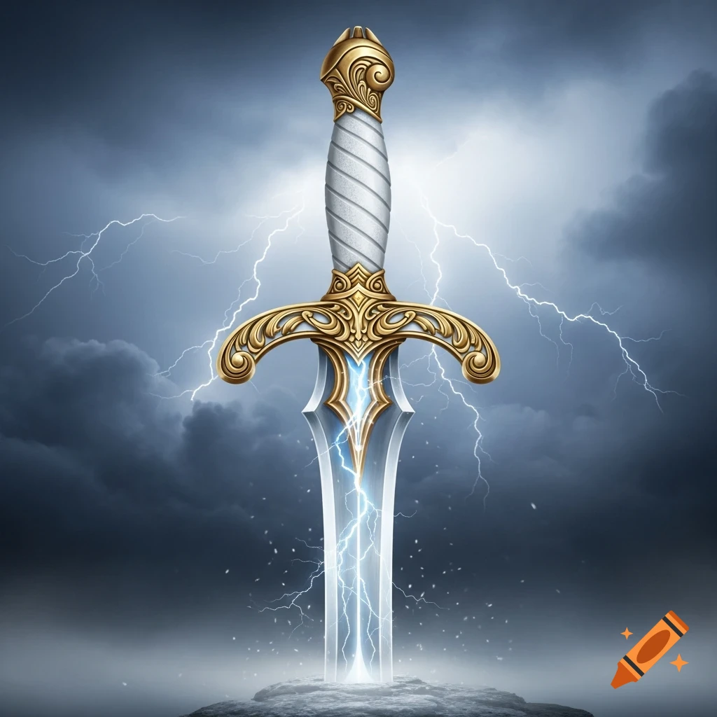 A fantasy sword with a silver blade glowing with lightning, white hilt, and gold guard, against a stormy, lightning-filled sky.