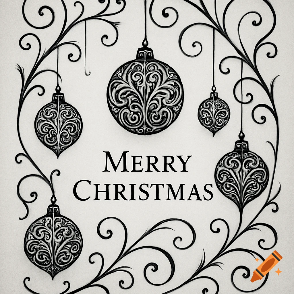 Black and white Christmas greeting with ornate hanging baubles and decorative scrollwork.