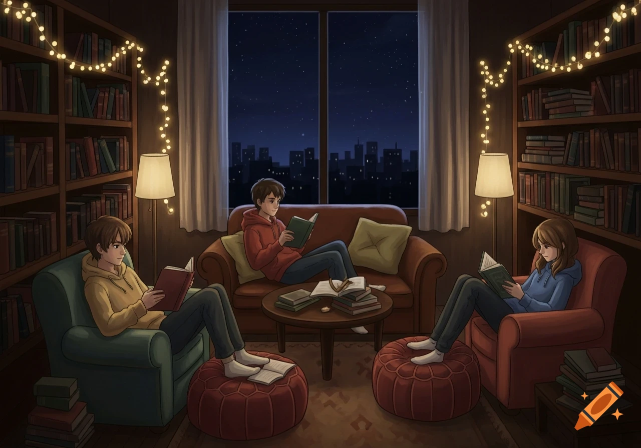 Three young people read books in a cozy, softly lit library at night, decorated with string lights, with a city view outside a large window.