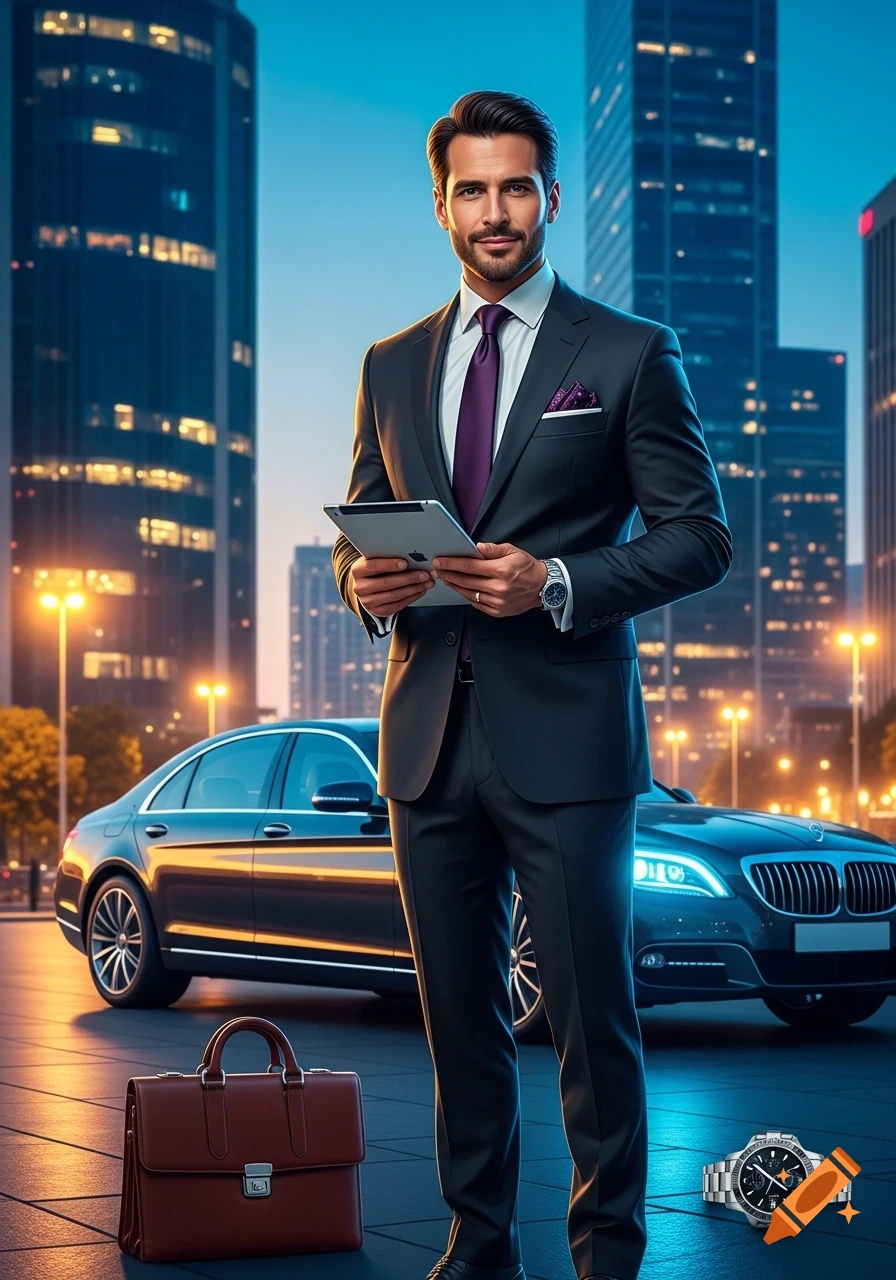 A man in a dark suit and purple tie holds a tablet, standing in front of a luxury car and city buildings at dusk.