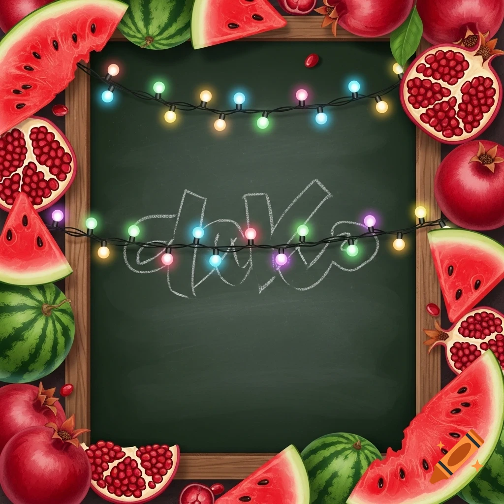 A chalkboard bordered with watermelons and pomegranates, adorned with colorful string lights and chalk text.