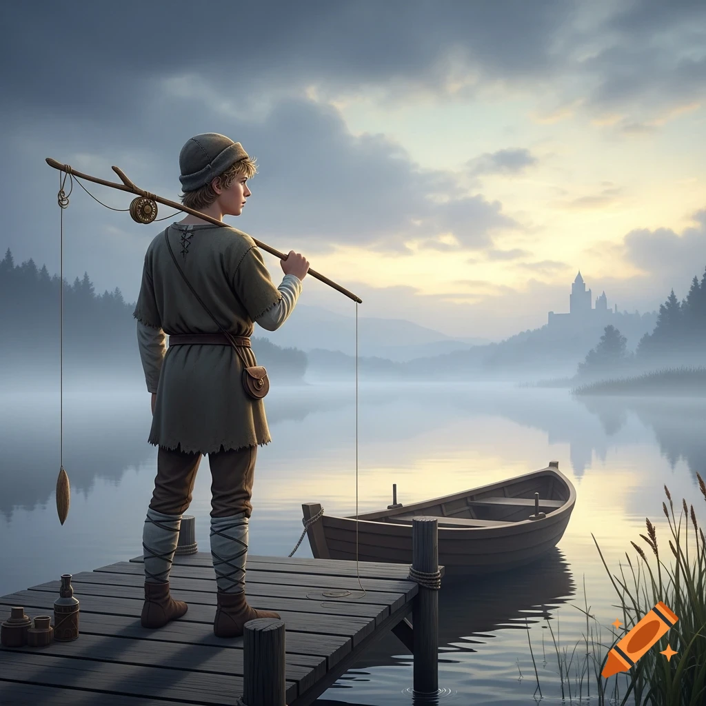 A young medieval fisherman stands on a wooden dock at sunrise, holding a simple fishing rod, looking out at a misty lake with a boat and a distant castle.