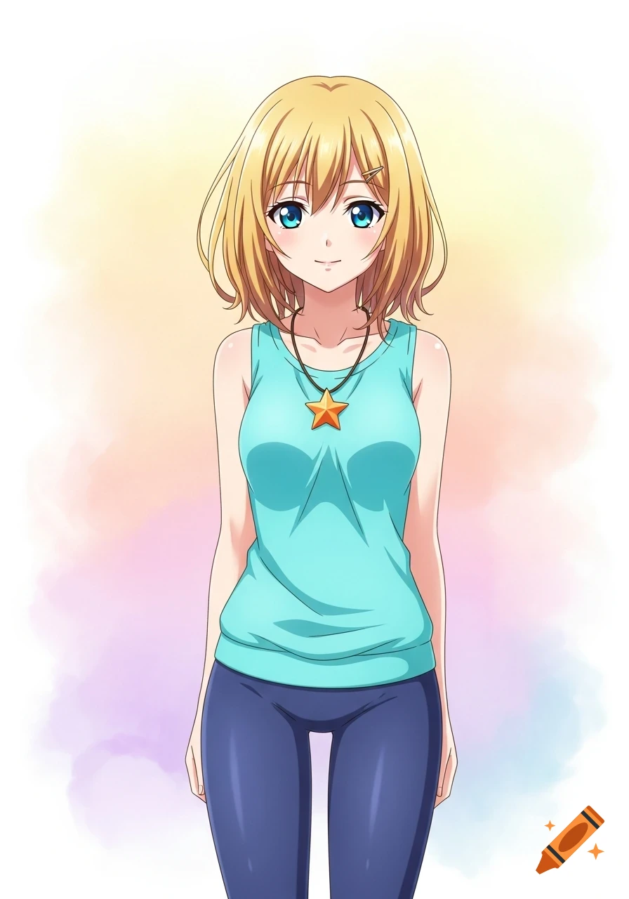 An anime girl with shoulder-length blonde hair and blue eyes, wearing a cyan tank top, an orange star necklace, and blue leggings, stands smiling.