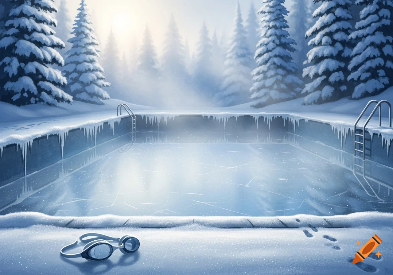 A frozen swimming pool surrounded by snow-covered pine trees, with icicles hanging from the pool edge and swimming goggles on the ground.