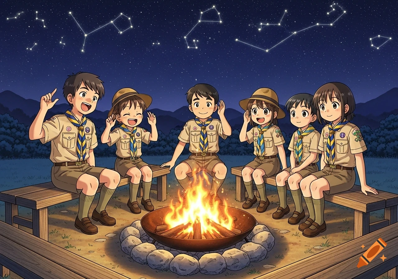 Six smiling manga-style scout children sit around a roaring campfire under a starry night sky with visible constellations.
