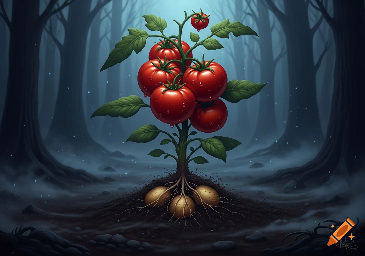 A fictional 'Tomadofel' plant with red tomatoes on top and potatoes as roots, in a dark, misty, haunting fantasy forest illustration.