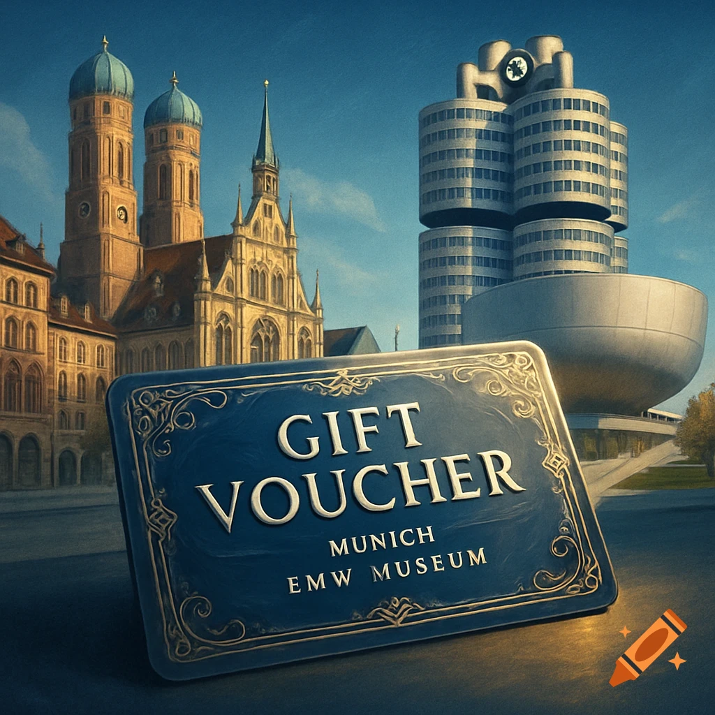 A blue gift voucher for Munich and the BMW Museum, featuring the Frauenkirche and BMW Welt buildings under a clear sky.
