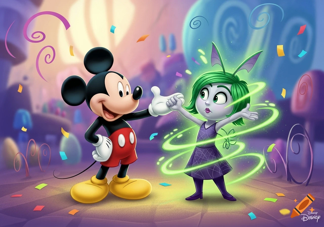Mickey Mouse holds Envy from Inside Out's hand in a vibrant cartoon scene with confetti and green swirling energy.