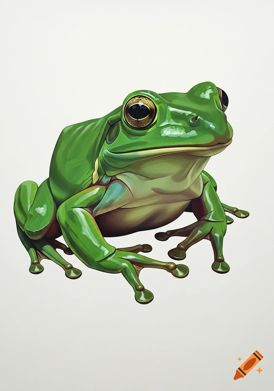 A vibrant green frog in an abstract minimalist fine art painting style, featuring sharp planes and crisp edges, against a white background.