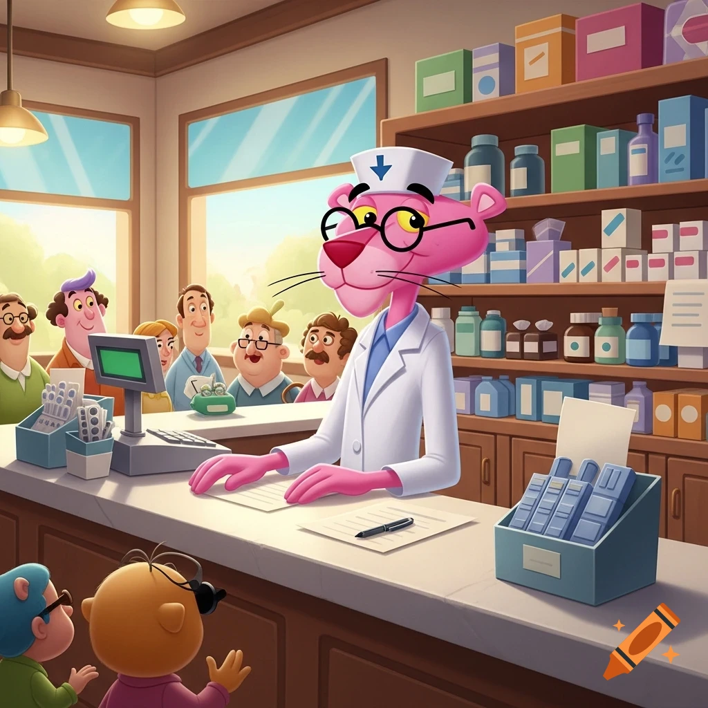 The Pink Panther, wearing a pharmacist's white coat and glasses, stands behind a counter in a colorful cartoon pharmacy, dispensing medicine to a line of customers.