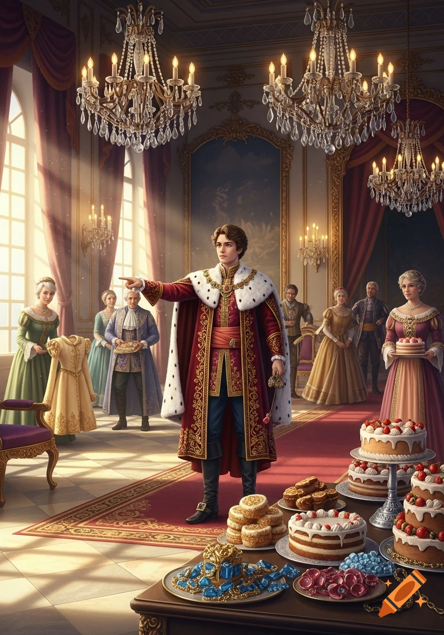 A young prince in regal attire points in an opulent palace, with servants, chandeliers, and a table laden with cakes and jewels.