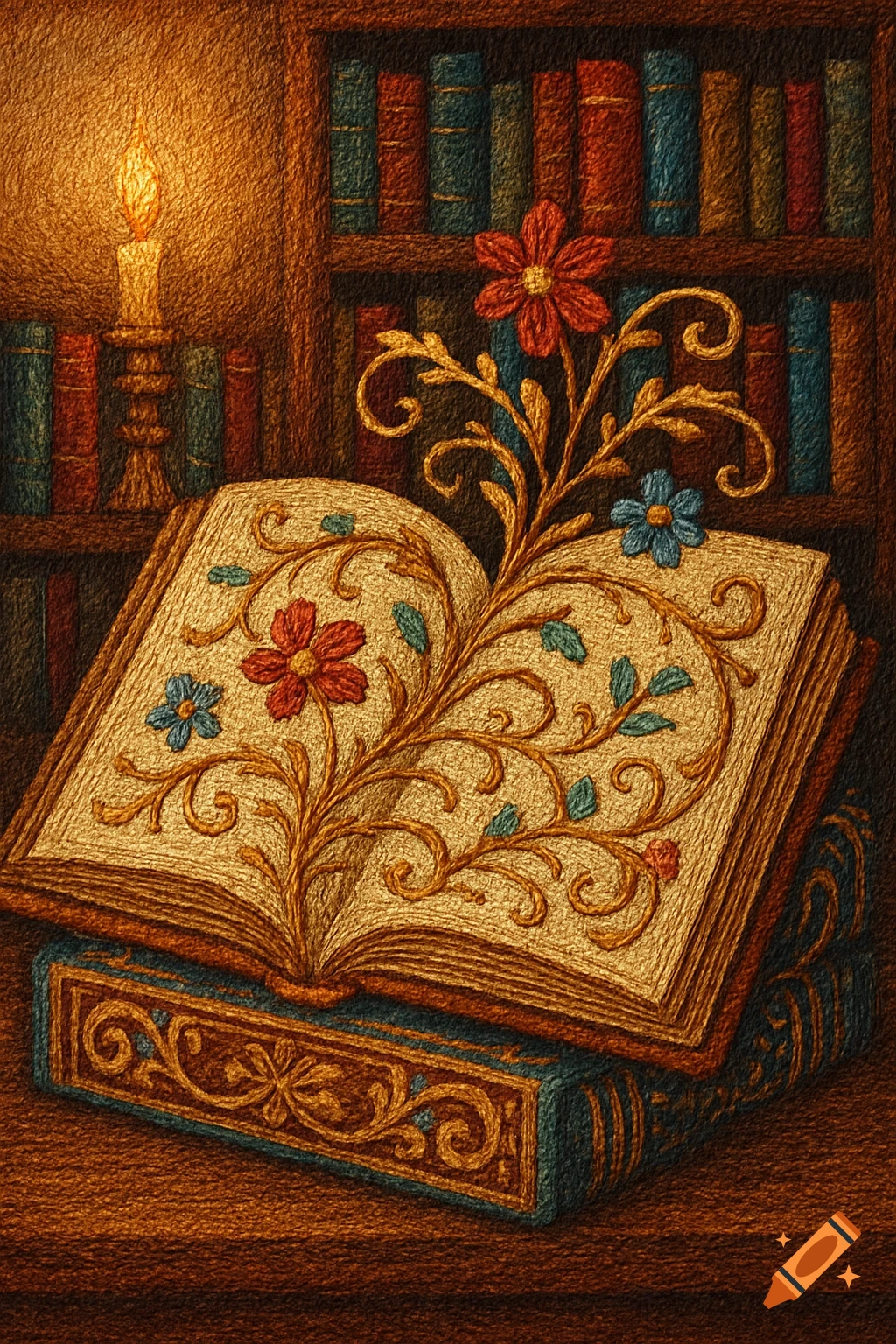 An open book with intricate embroidered floral designs on its pages, illuminated by a flickering candle next to a bookshelf.