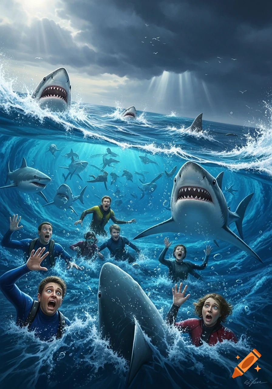 Multiple people frantically swim in a stormy ocean, surrounded by numerous sharks above and below the water, their faces contorted in fear.