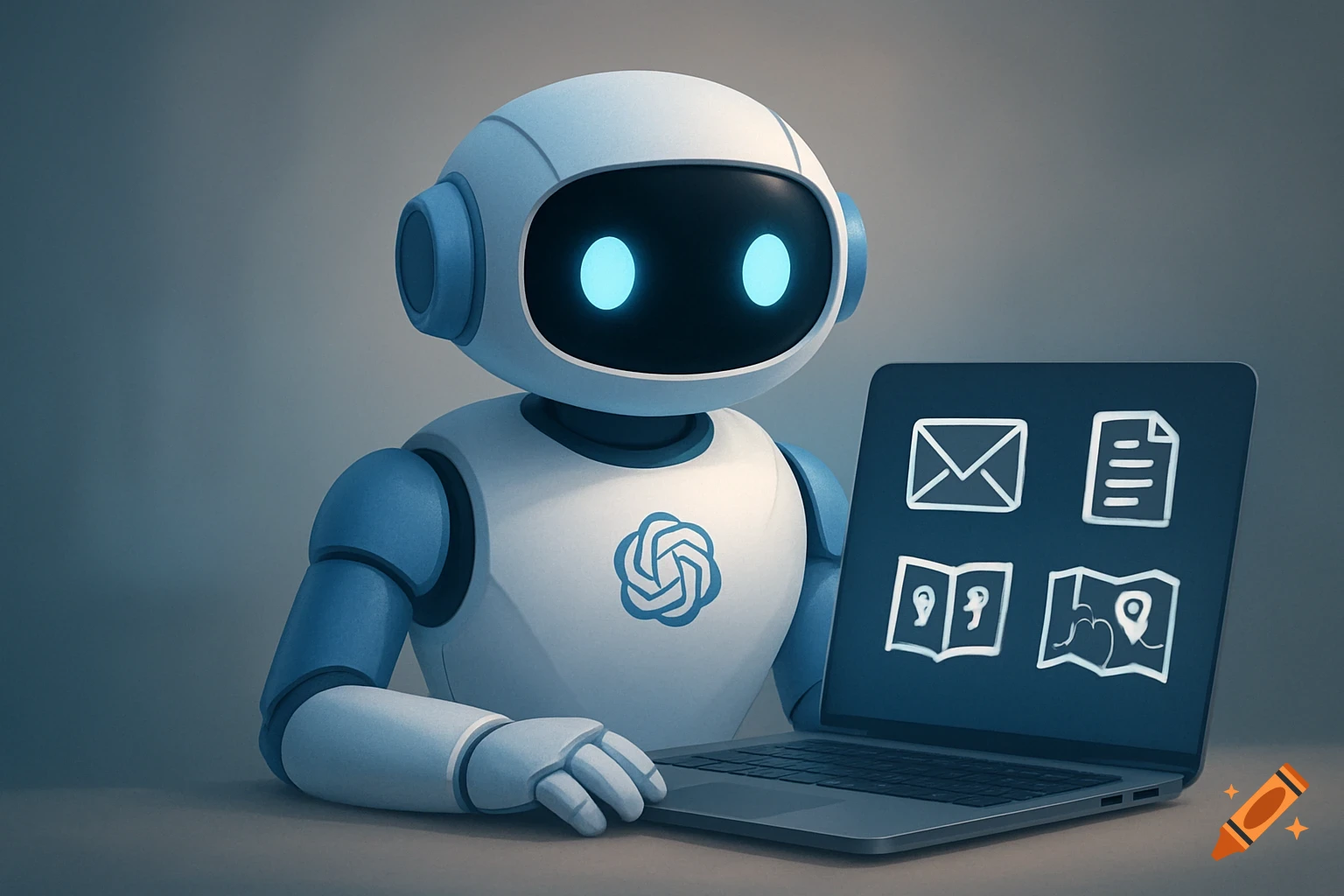 A white and blue AI robot with glowing blue eyes sits at a desk, looking at a laptop displaying email, document, recipe, and map icons. Modern digital illustration.