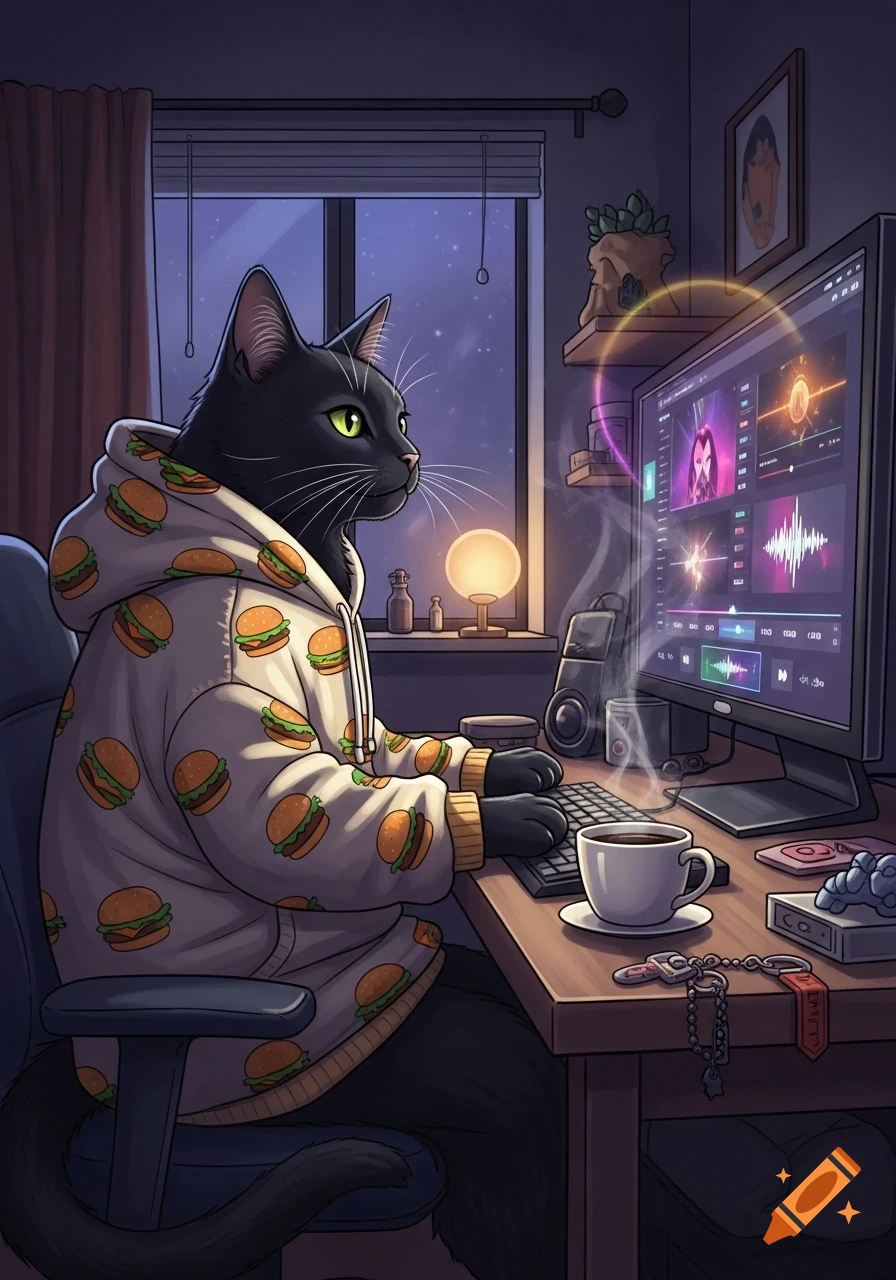 A cartoon black cat in a hamburger hoodie sits at a computer, looking out a window at night. A coffee cup sits on the desk.