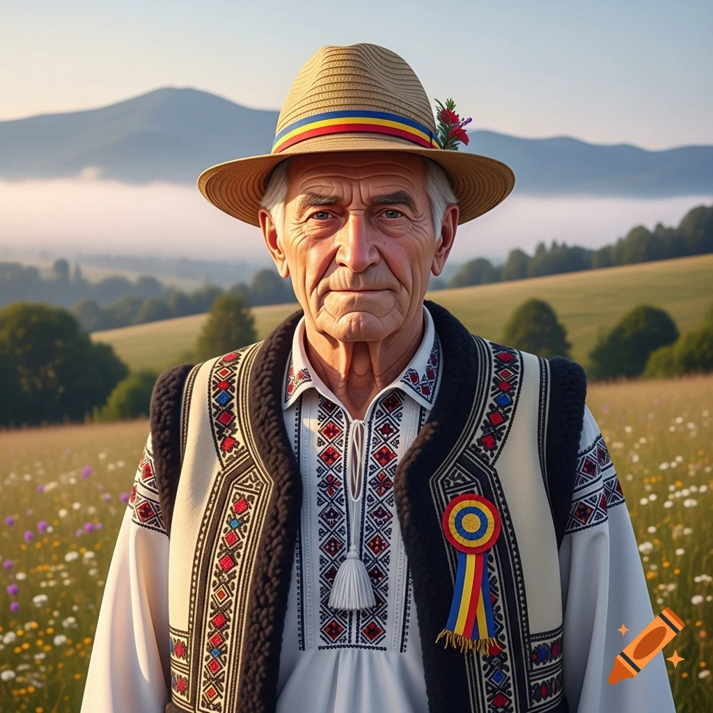 Photorealistic portrait of an elderly man in traditional Romanian clothing and a straw hat, in a field with misty mountains.
