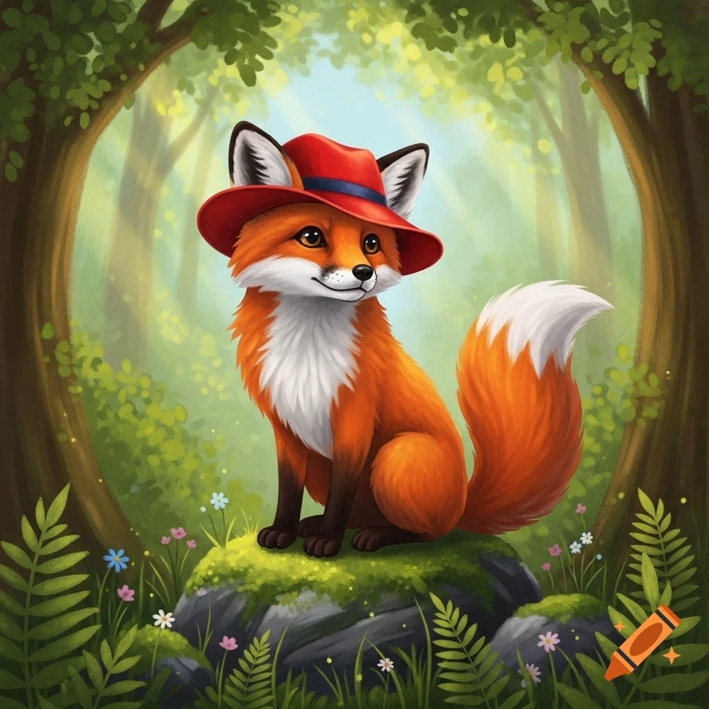 A cute cartoon fox wearing a red hat sits on a mossy rock in a lush forest with sunbeams.