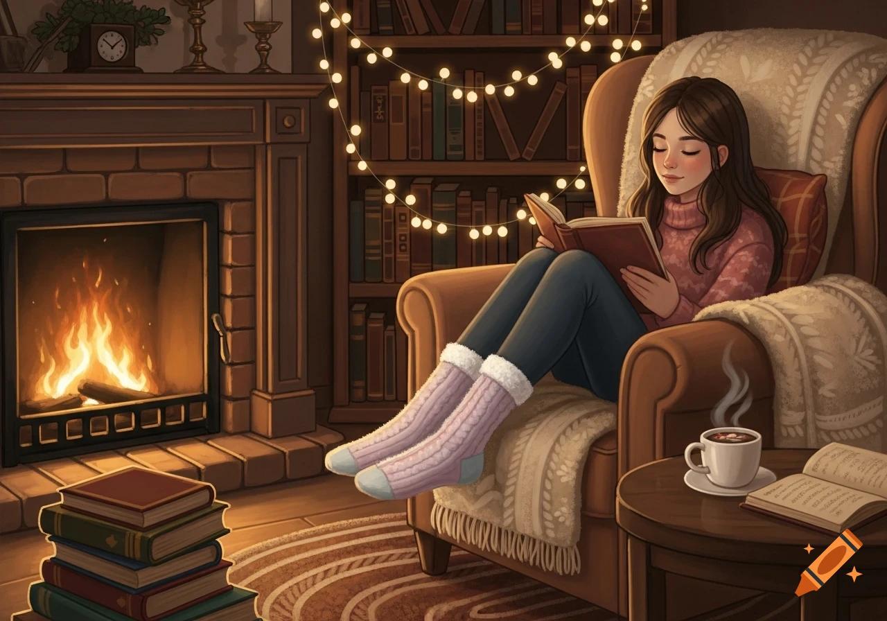 A girl in fluffy socks reads a book in a cozy armchair by a fireplace, surrounded by books and string lights.