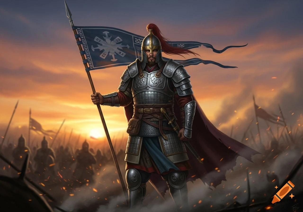 A formidable warrior in ornate silver armor holds a flag and spear on a smoky battlefield at sunset, with an army behind him.