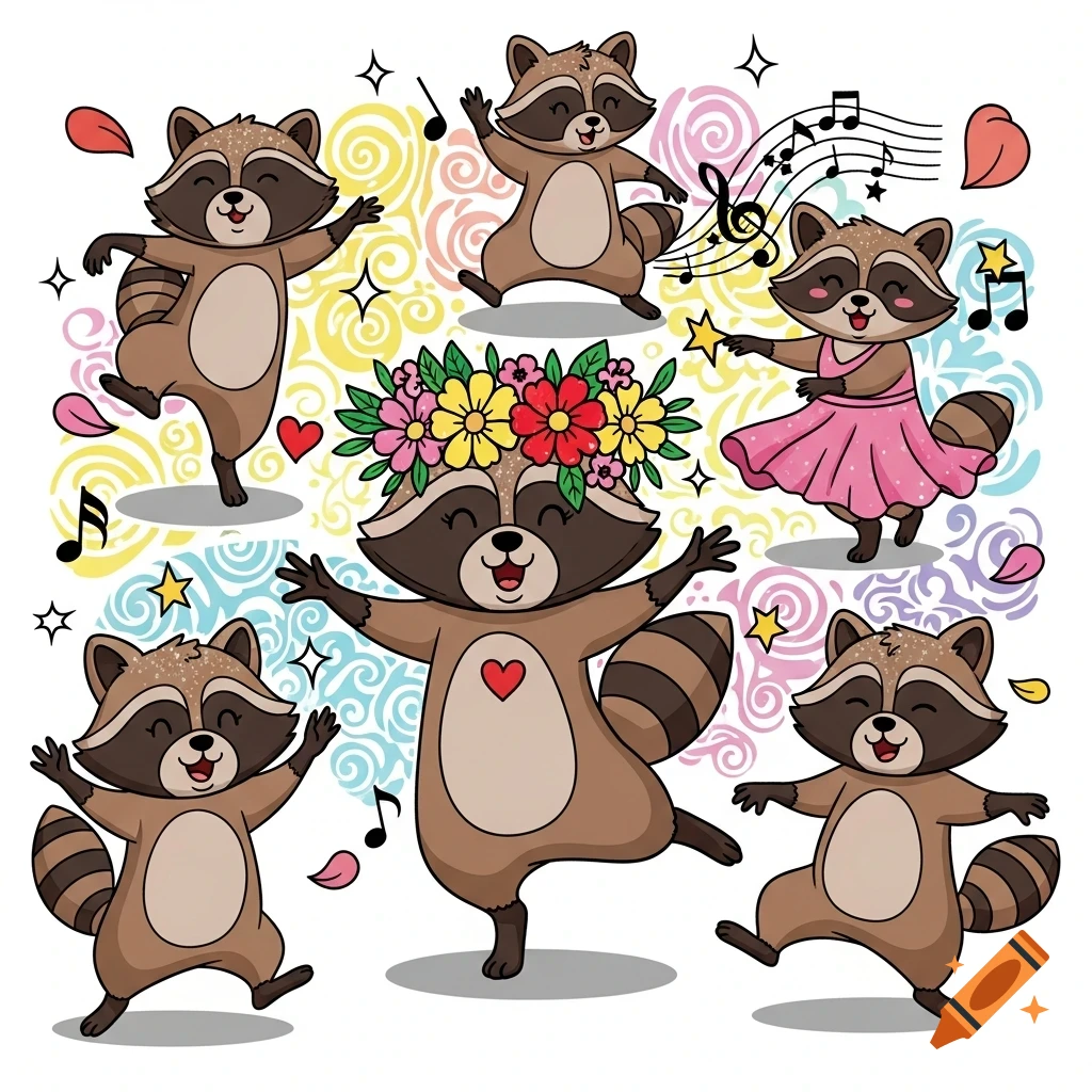 A group of cheerful cartoon raccoons are dancing joyfully, one wearing a flower crown, with a vibrant background of swirls, music notes, and stars.