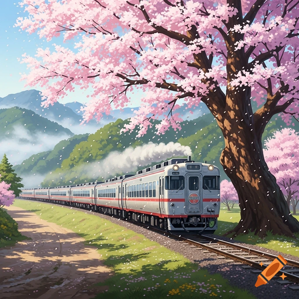Anime-style illustration of a train traveling through a mountainous landscape with cherry blossom trees in full bloom, petals falling.