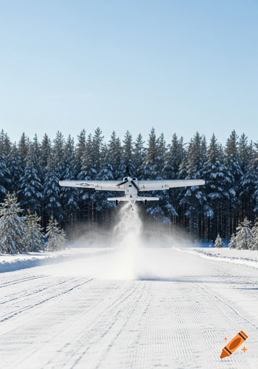 A white model airplane takes off from a snowy runway in a pine forest, kicking up snow, under a clear blue sky.