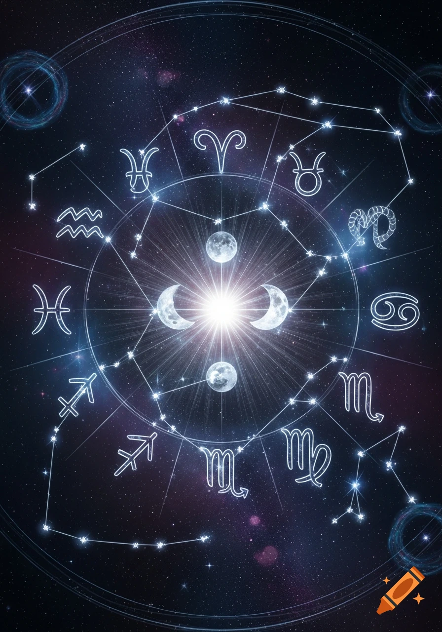 Astrological chart with zodiac symbols, constellations, moons, and a bright central light against a dark, starry cosmic background.