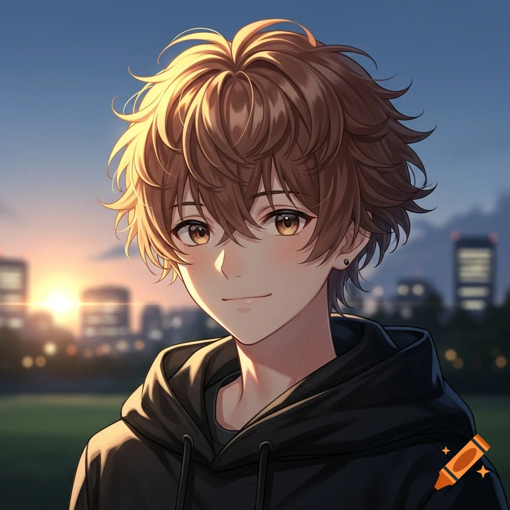 Anime portrait of a smiling boy with fluffy brown hair and hazel eyes in a black hoodie, against a blurry city sunset.