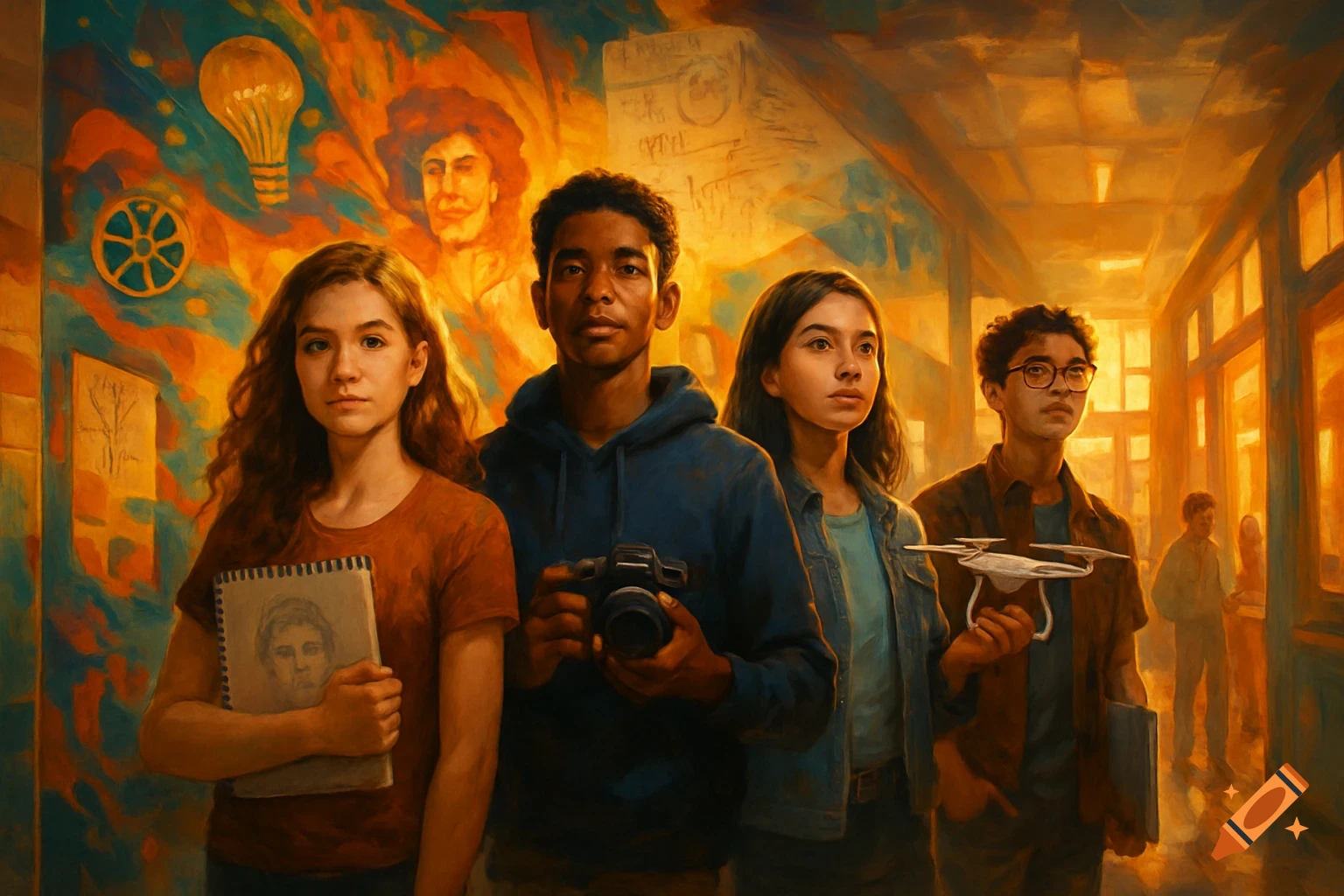 Four diverse teenagers stand in a school hallway with a vibrant, artistic mural depicting a lightbulb, gears, and faces. One holds a sketchbook, another a camera, and a third a small drone. The scene has a warm, painterly aesthetic.