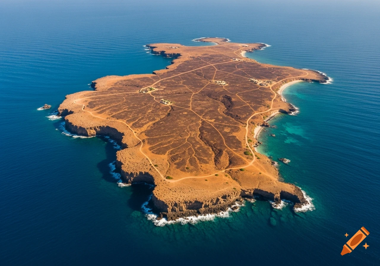 Aerial view of a rocky, barren island with winding dirt paths, surrounded by deep blue and turquoise ocean waters.