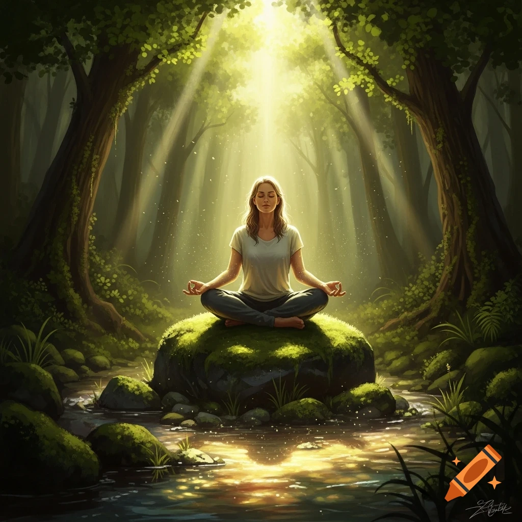A woman meditates in a peaceful forest clearing, bathed in golden sunlight filtering through the trees, sitting on a mossy rock near a stream.