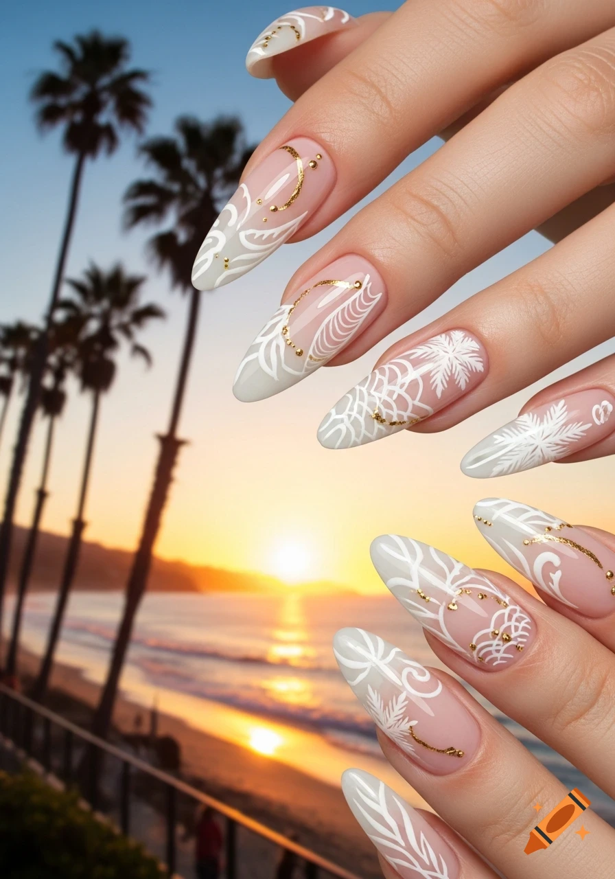 Close-up of hands with long almond-shaped nails featuring white and gold tropical designs against a beach sunset with palm trees.