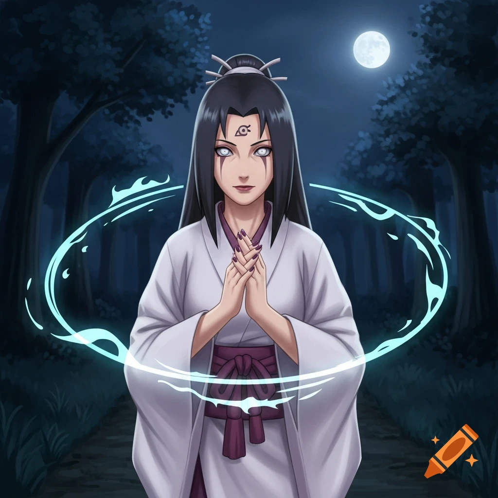 An anime-style woman with long black hair, white eyes, and a Konoha symbol on her forehead, wearing a white kimono, with hands clasped, stands in a dark forest under a full moon, surrounded by a light blue glowing aura.