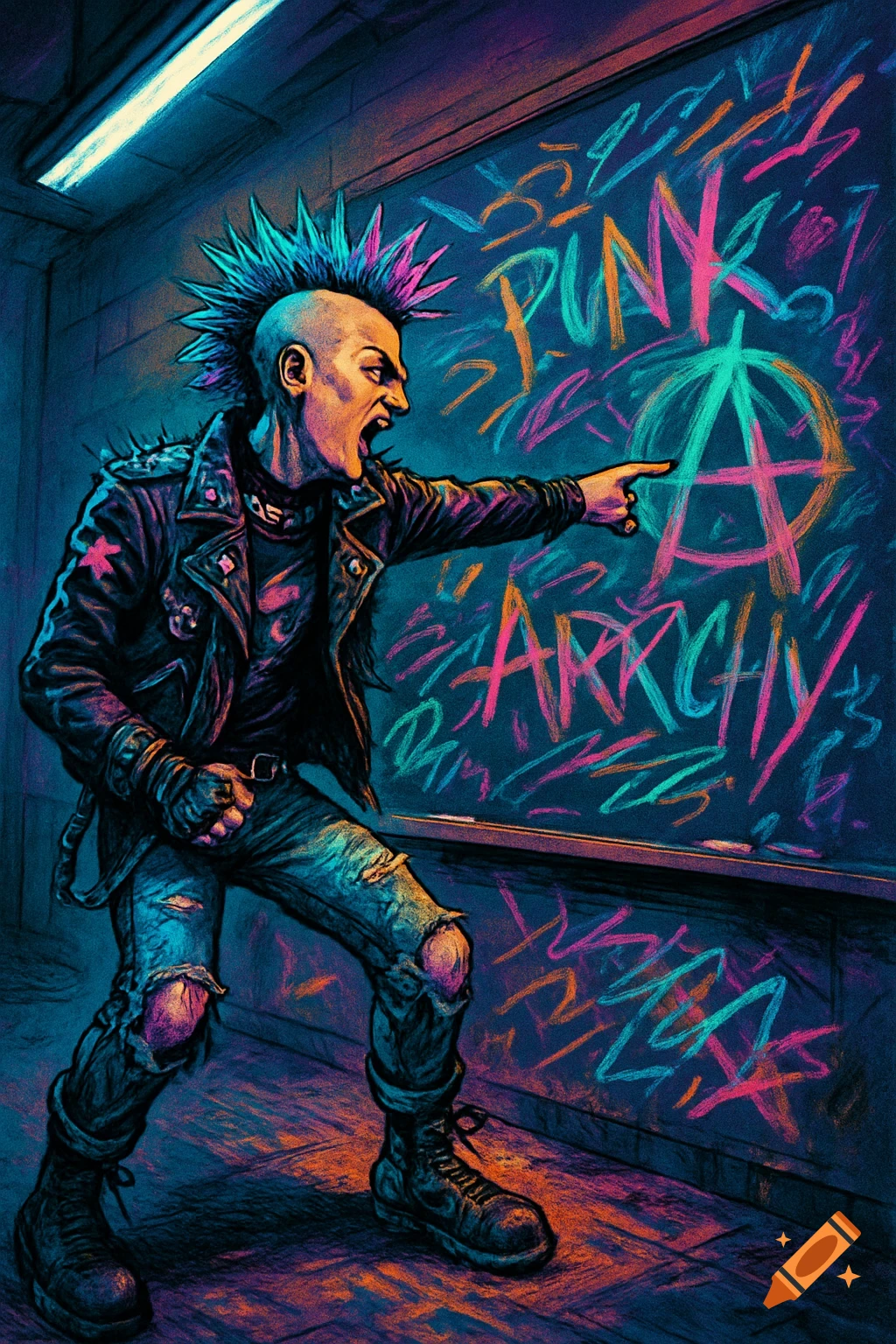 Vibrant illustration of a punk with a mohawk pointing at a chalkboard with "PUNK" and an anarchy symbol in neon colors.