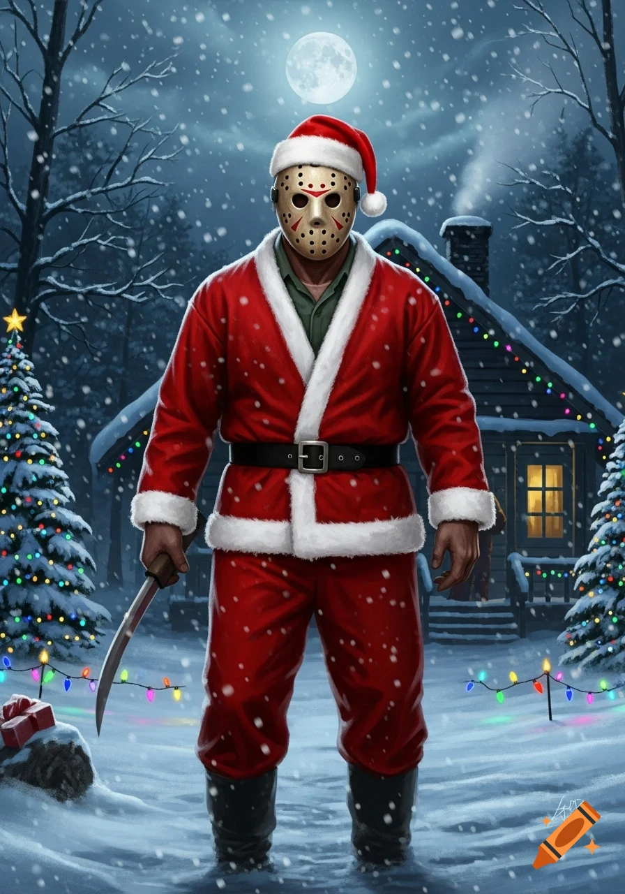Jason Voorhees in a Santa suit, holding a bloodied knife, stands in a snowy forest with a decorated cabin and Christmas trees under a full moon.