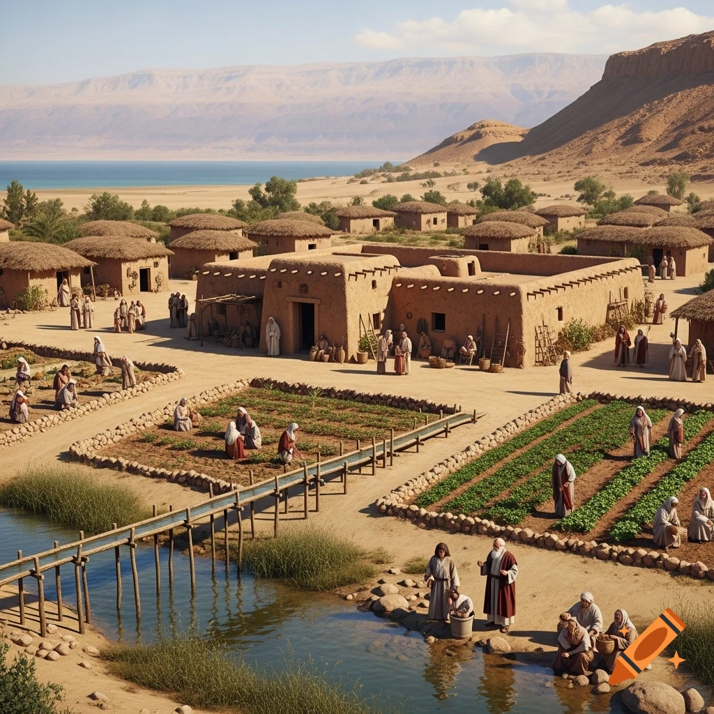 A photorealistic ancient desert village with mud-brick buildings, people farming, and a water system by a lake, surrounded by mountains.
