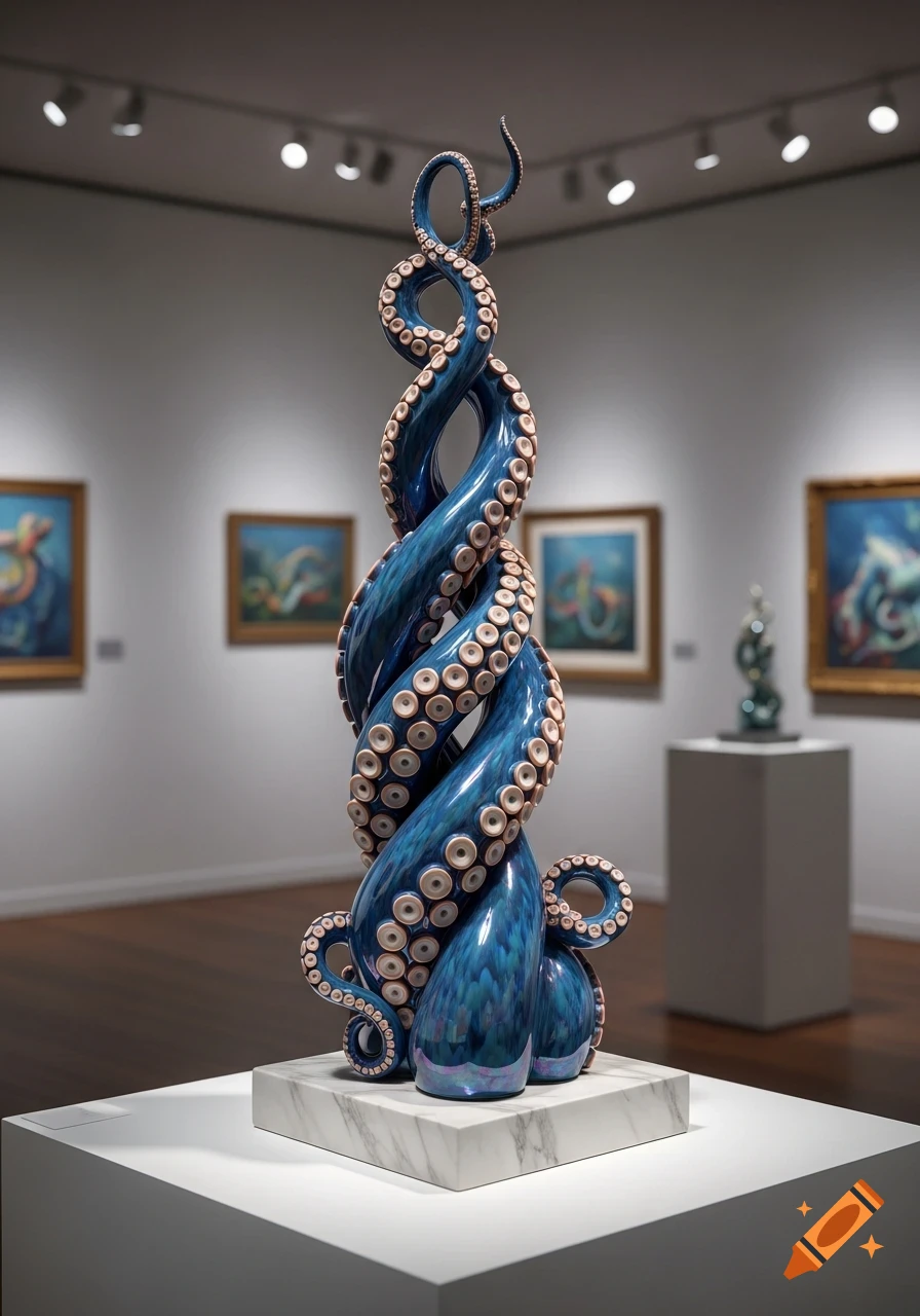 A vibrant blue ceramic sculpture of intertwining octopus tentacles on a white pedestal in an art gallery.