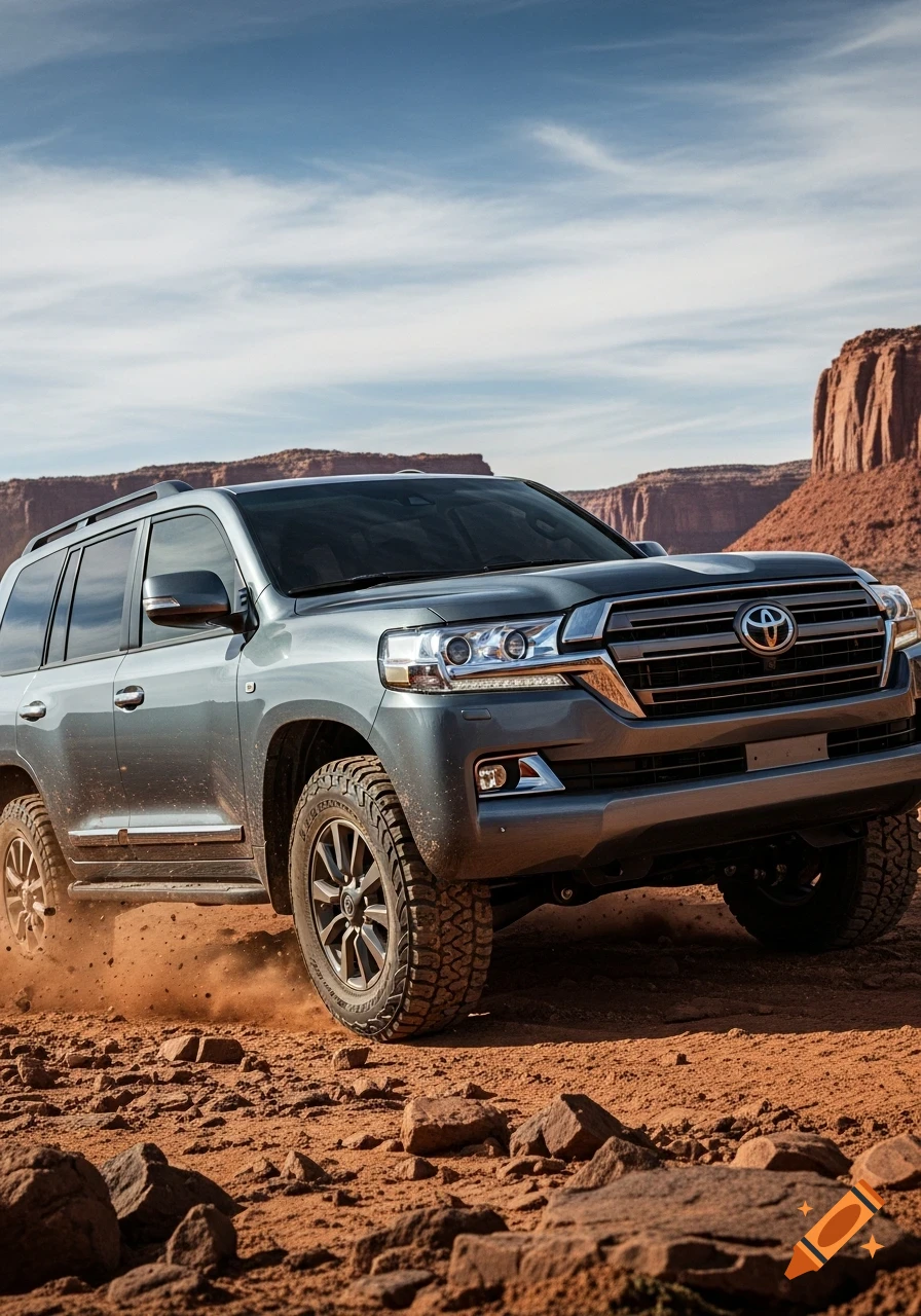 A gray Toyota Land Cruiser SUV drives on a dusty desert road, kicking up dirt, with rock formations in the background.