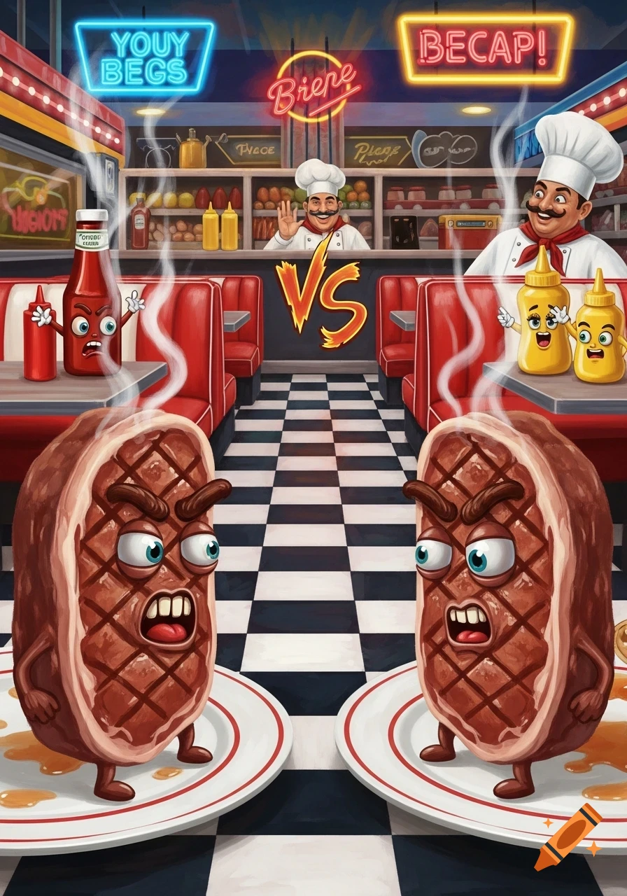 Cartoon of two angry steaks on plates facing each other in a retro diner, with anthropomorphic ketchup, mustard, and chefs.