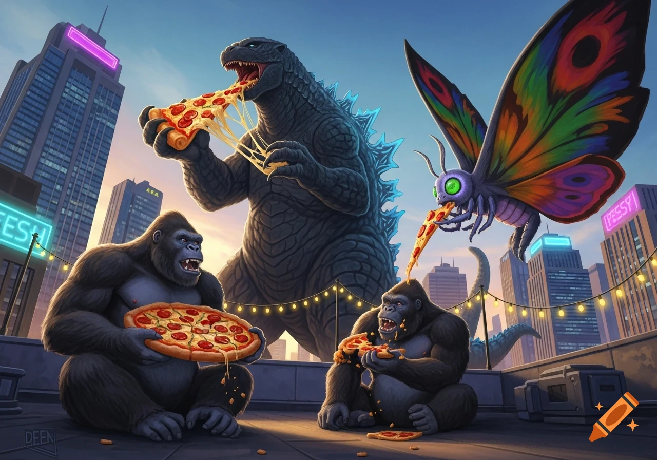 Godzilla, Mothra, and two gorillas eating pizza on a city rooftop at sunset.