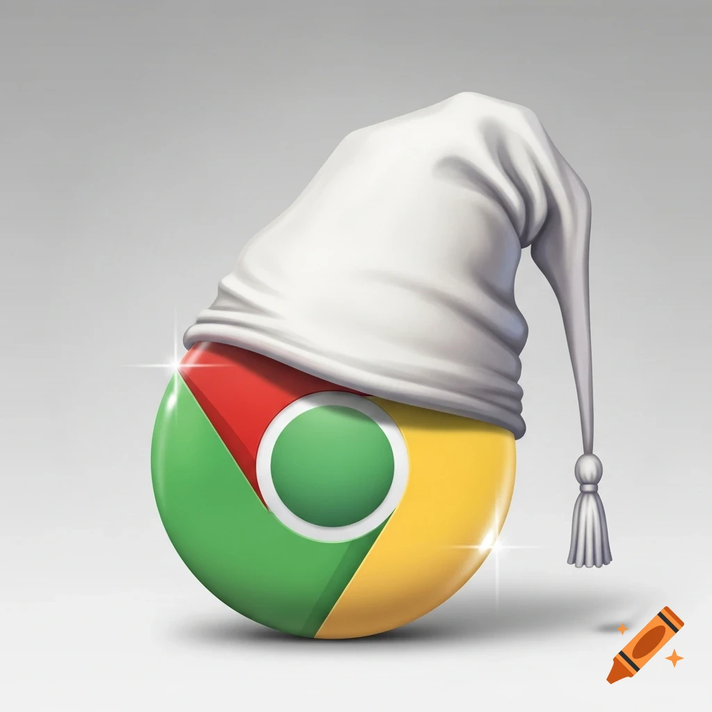 A shiny 3D illustration of the Google Chrome logo wearing a white dunce cap.