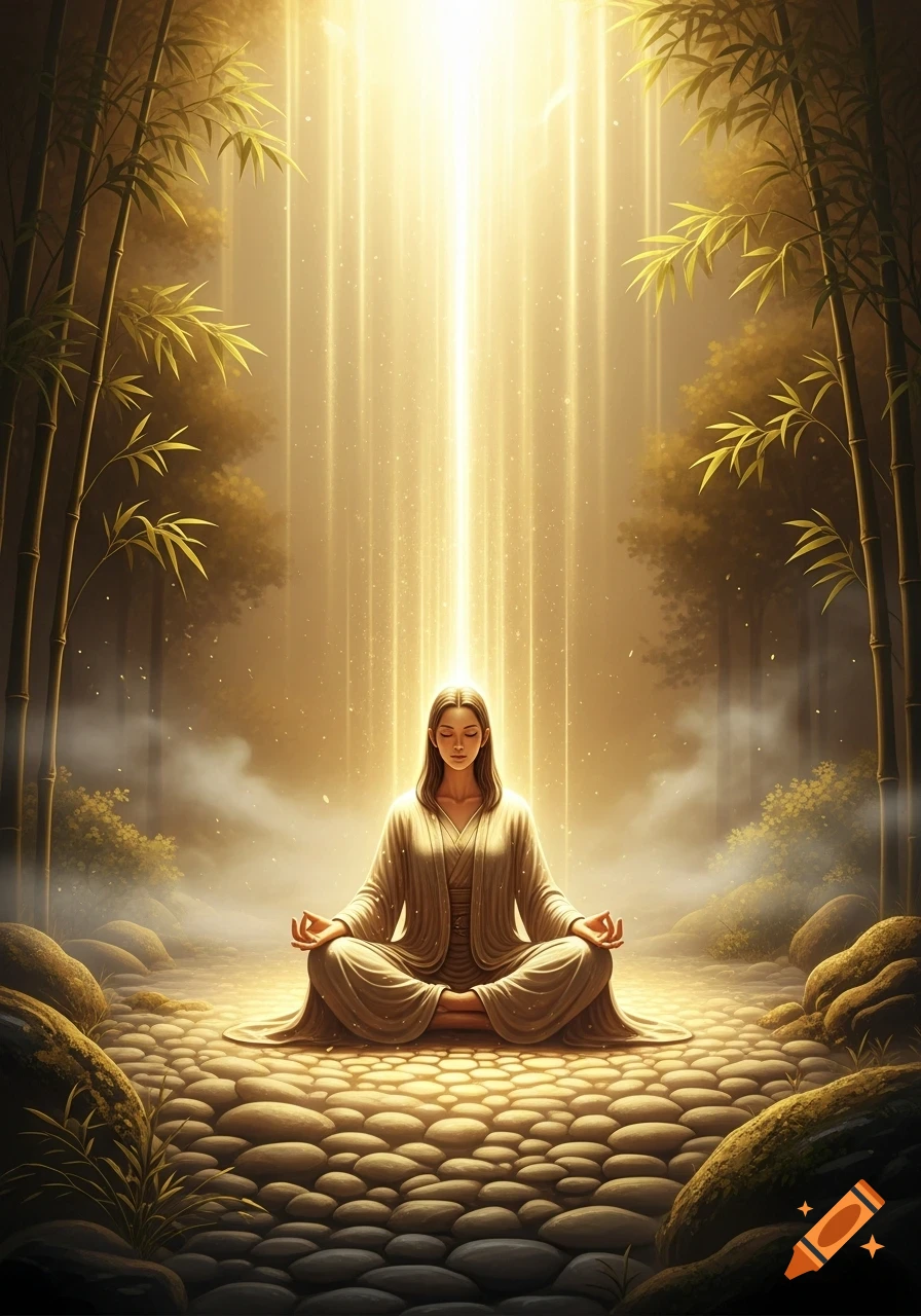A woman meditates in a bamboo forest, bathed in golden light rays.