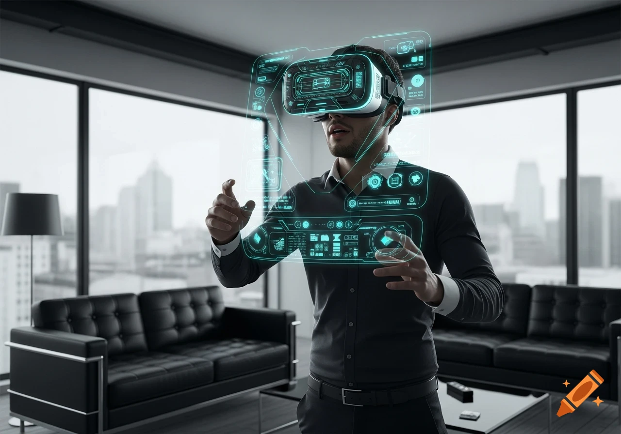 A man wearing a VR headset interacts with a holographic interface in a modern room overlooking a city, photorealistic style.