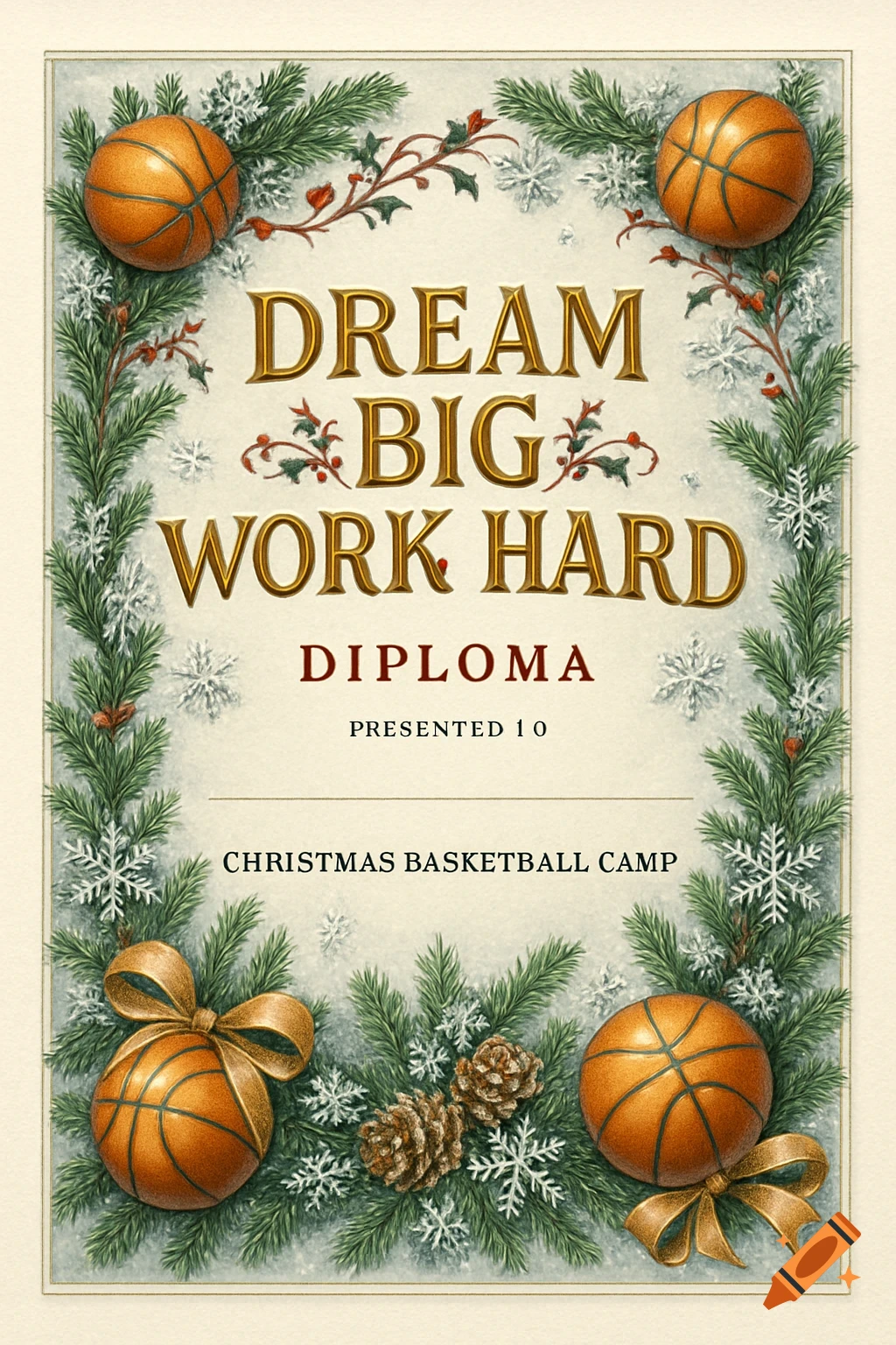 A decorative Christmas basketball camp diploma featuring pine branches, snowflakes, basketballs, and the text 'DREAM BIG WORK HARD' and 'CHRISTMAS BASKETBALL CAMP'.