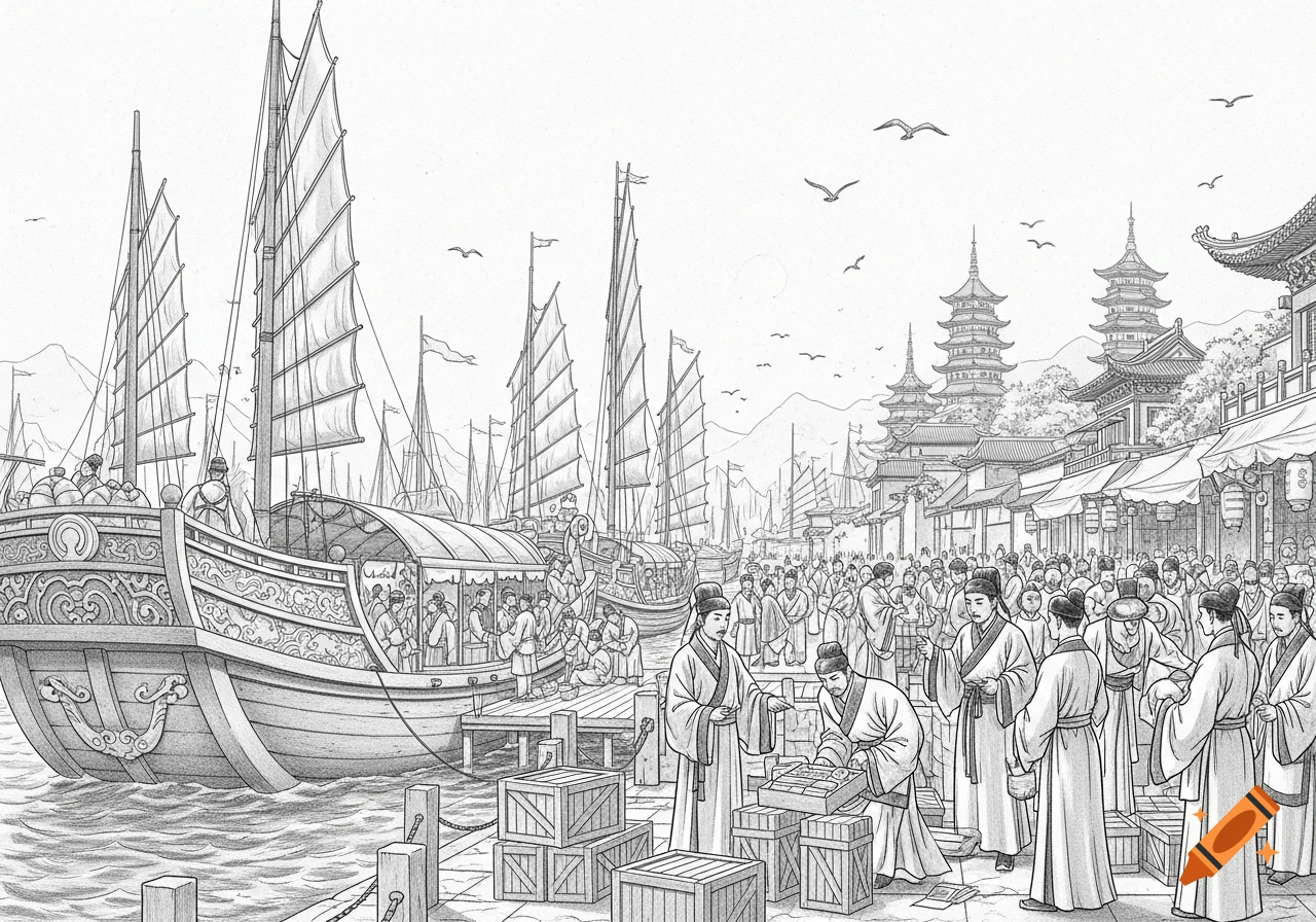 Detailed pencil drawing of a bustling ancient Chinese port with multiple junks, pagodas, and a crowd of people.