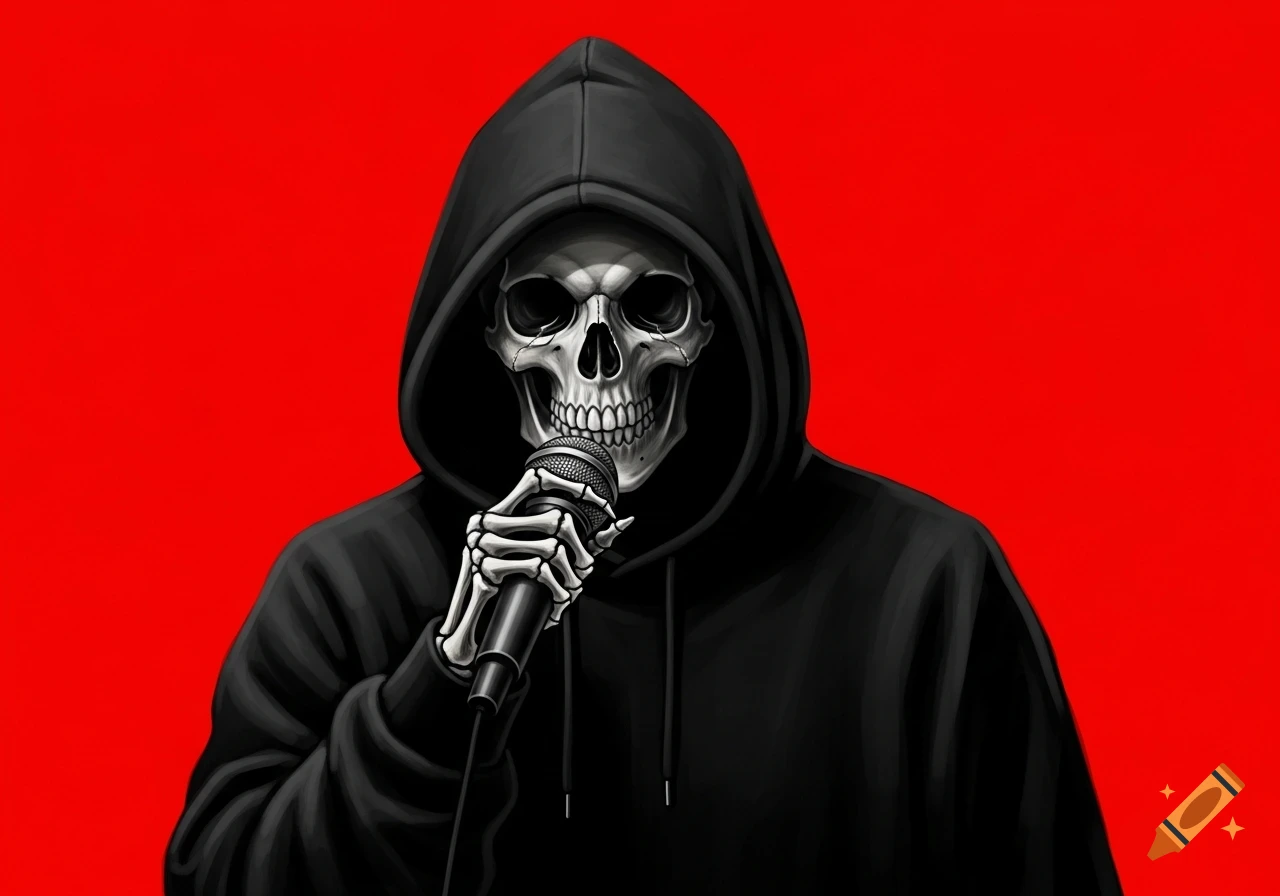 An illustration of a skull wearing a black hoodie, holding a microphone against a solid red background.
