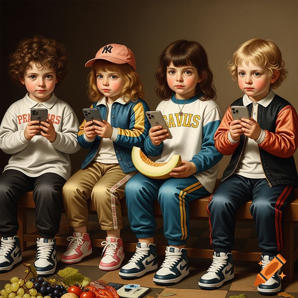 Four children in modern casual wear sit on a bench, each looking at a smartphone, with fruit on the floor.