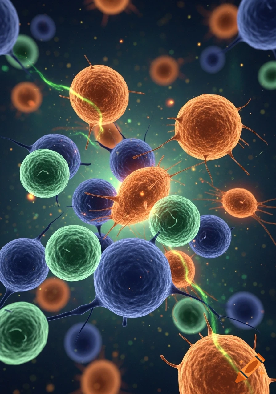 Vibrant microscopic view of blue, green, and orange cells with tendrils, some connected by glowing lines, against a dark, sparkling background.